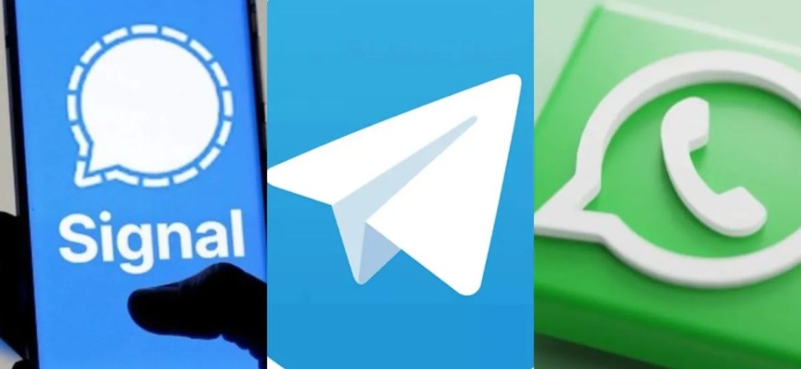 imagen de logos de Signal, Telegram y WhatsApp.