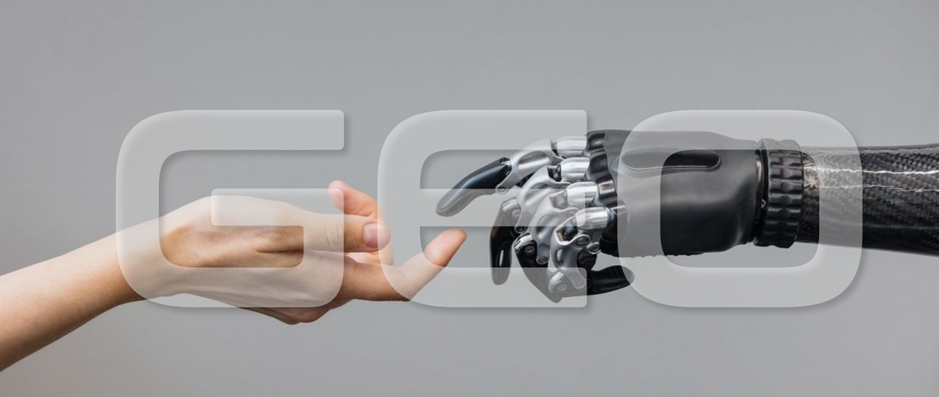 GEO visibility represented by a human hand meeting a robotic hand